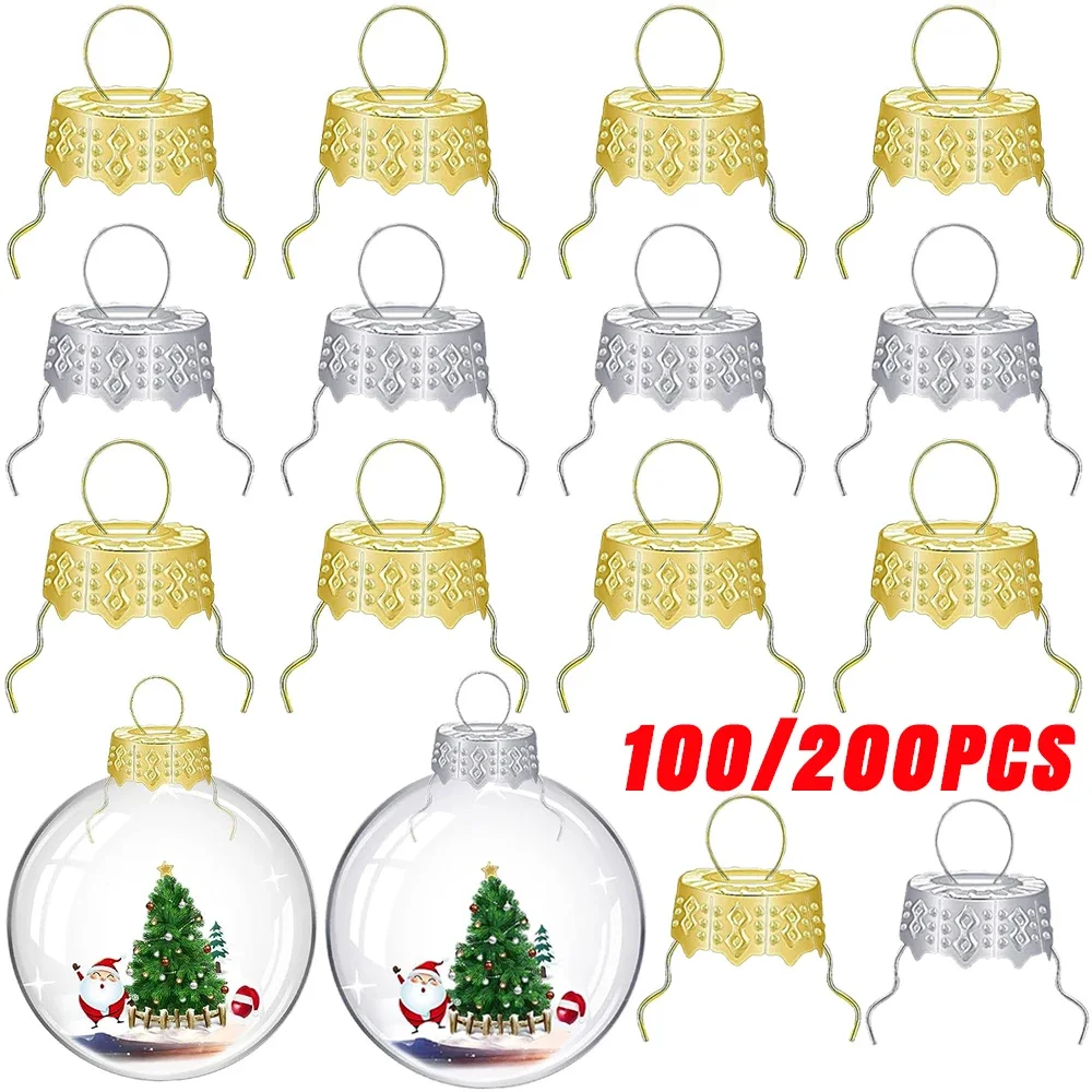 200/100Pcs Round Christmas Ball Caps Replacement Gold Hangers Cap For DIY Xmas Ball Hanging Ornaments New Year Party Decoration