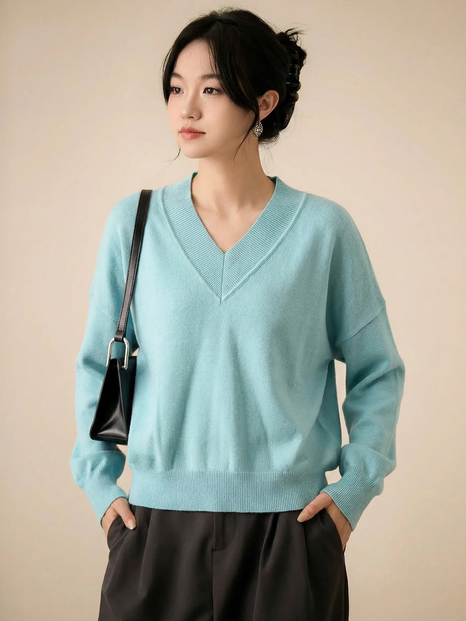 

Свободный вязаный шерстяной свитер с V-образным вырезом и длинными рукавами для женщин, новинка весенней коллекции, в корейском стиле, повседневный, дышащий, комфортный