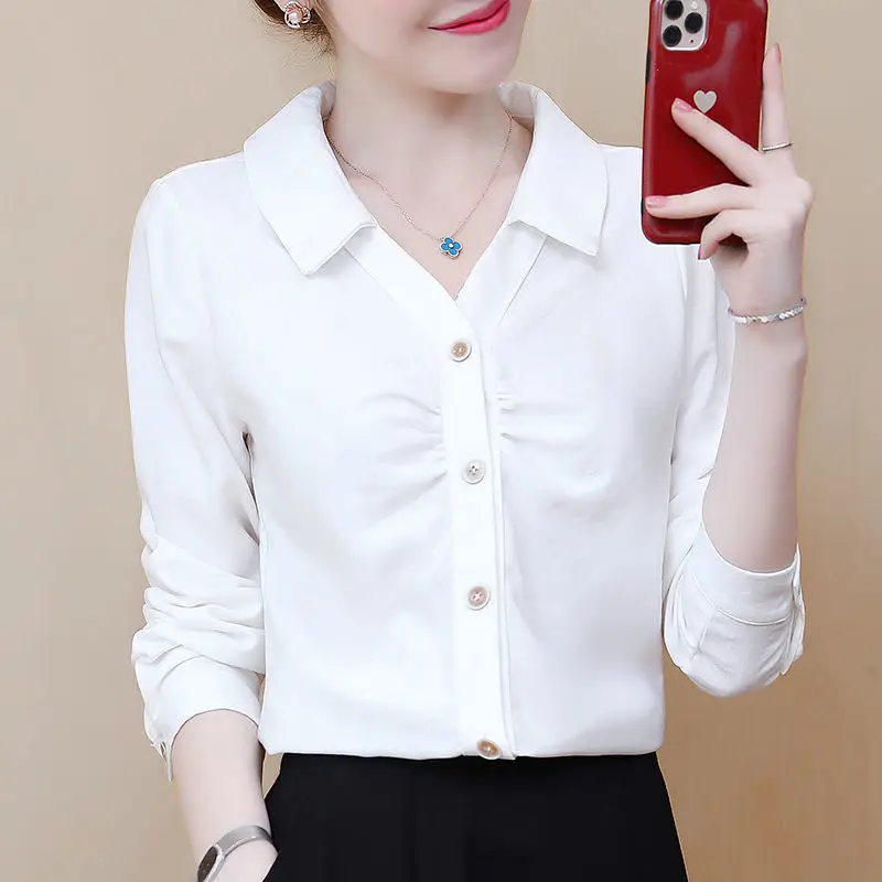 Fashion Office Lady Long Sleeve Button Shirt Elegant Basic Turn-down Collar Folds Solid Color All-match Blouse Women\'s Clothing