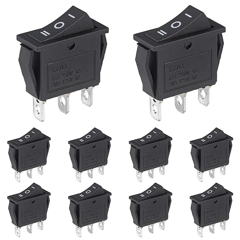 10PCS Rocker Switch 3 Position 3-Pin On/Off/On 15A 250VAC 20A 125VAC Black Button Rocker Switch 3 Pins Embedded Built-in Switch