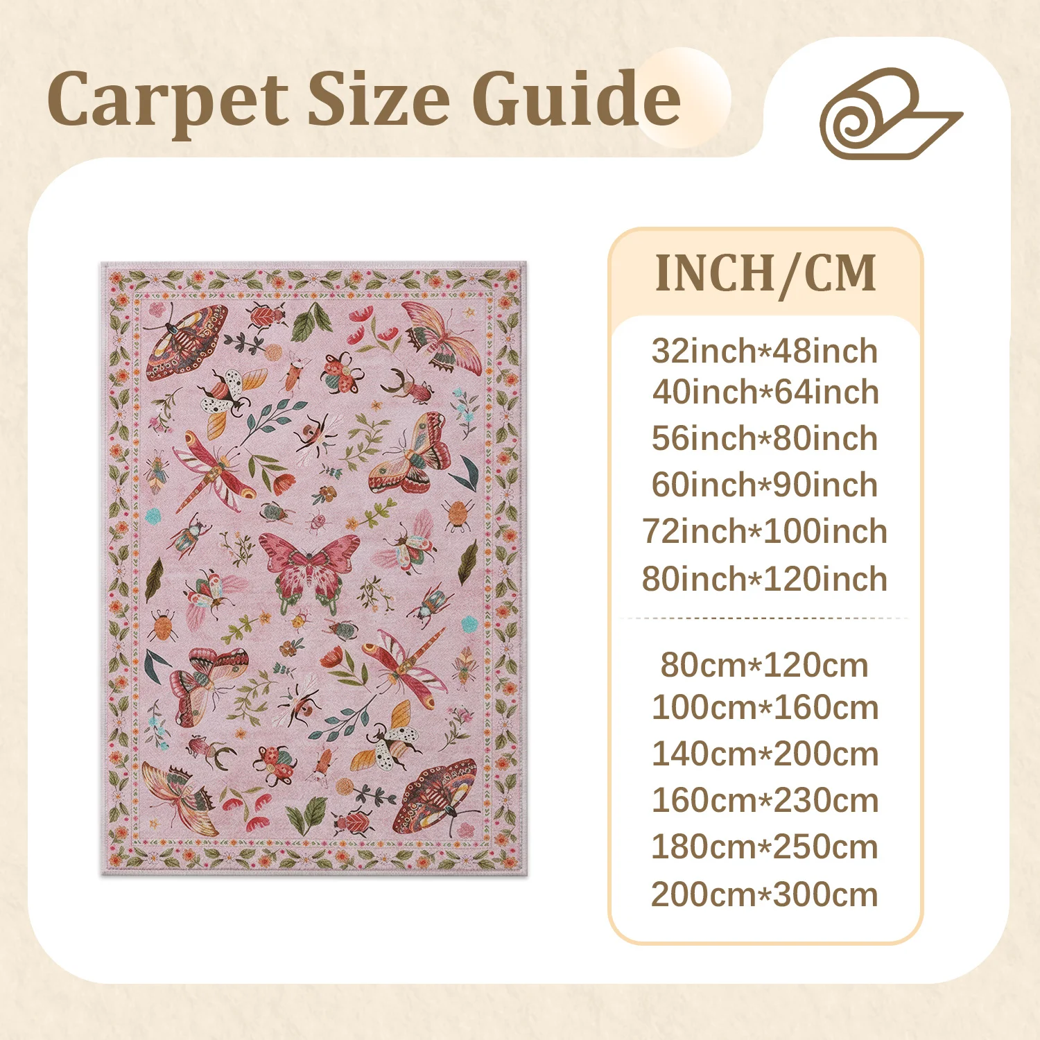 Large Indoor Area Rug, Soft Velvet Low Pile with Non-Slip Dotted Backing, Machine Washable Whimsical Butterfly & Insect Floral Pattern Soft Pink Rug for Living Room, Bedroom, Entryway - Botanical Home Decor