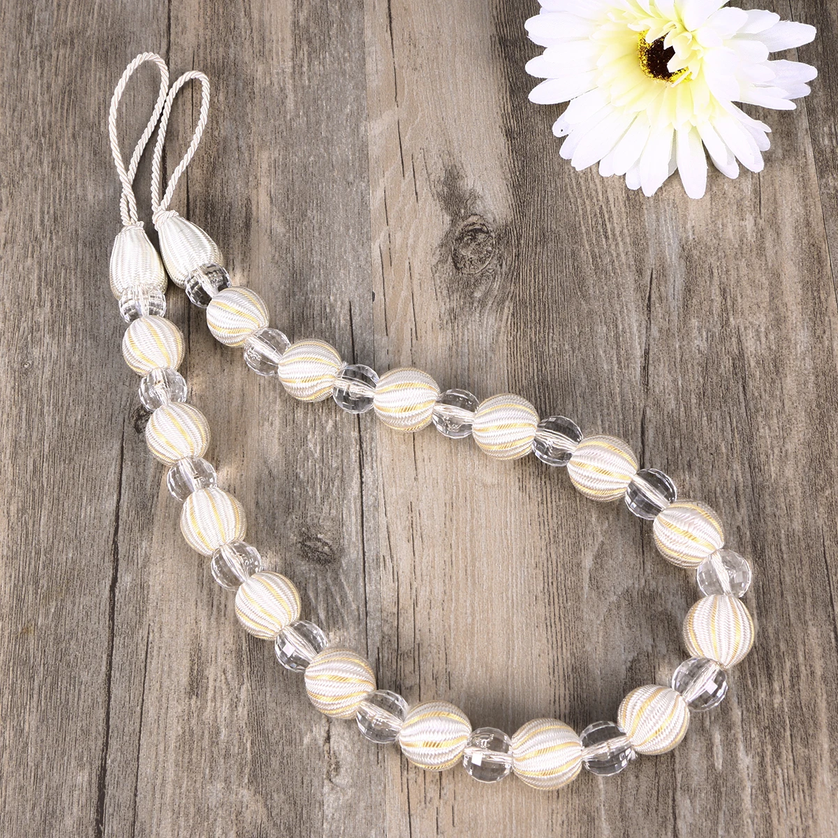 2 Stück Vorhang-Raffhalter, silberfarben, weiß, Acryl, Perlen-Drapierung, 70,5 cm lang, für Fensterdekoration, verstärkte Kordel, keine Werkzeuge erforderlich