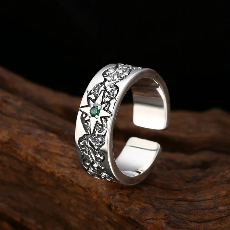 BOCAI New S925 Silver Ring for Men Women Simplicity Lava, Octagonal Star Ring Selected Gift for Men and Women