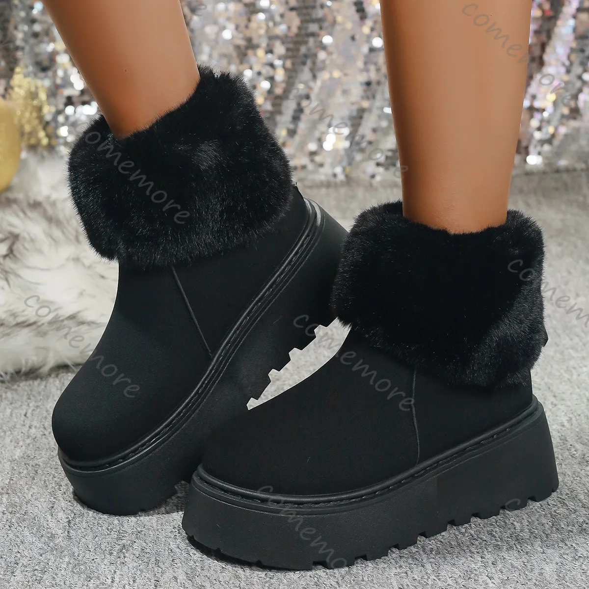 Comemore Winter Cotton Boots Women's Fashion Round Toe Suede Platform Back Zip Ankle Boots for Women Casual Fur Short Botines