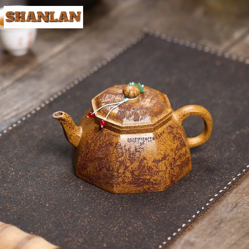 

330ml Yixing Purple Clay Teapots Handmade Octagon Stone Scoop Pot Raw Ore The Keel Gold Sand Mud Tea Soaking Kettle Zisha Teaset