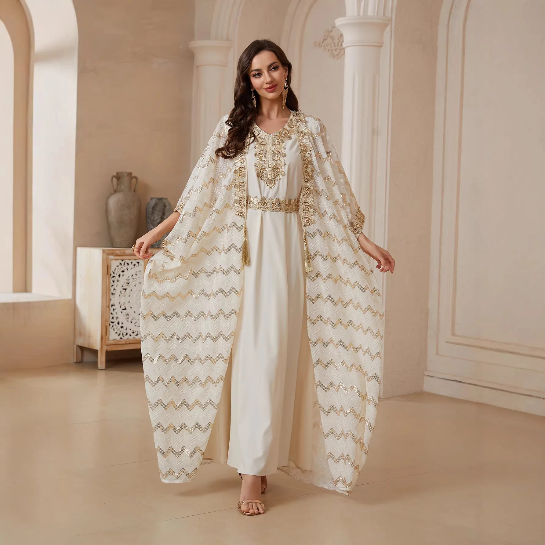 

Dress Suit Women Eid Muslim Abaya Party Dresses Sequins 2 Piece Set Jalabiya Morocco Vestidos Dubai Islam Kaftan Cardigan Robe