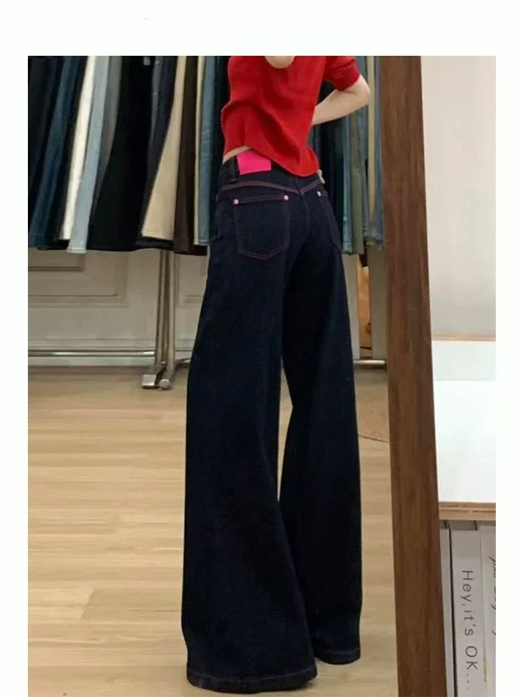 American Retro Low Waist Wide Leg Denim Jeans Women's Small Design Deep Blue Versatile Loose Straight Cut Pants