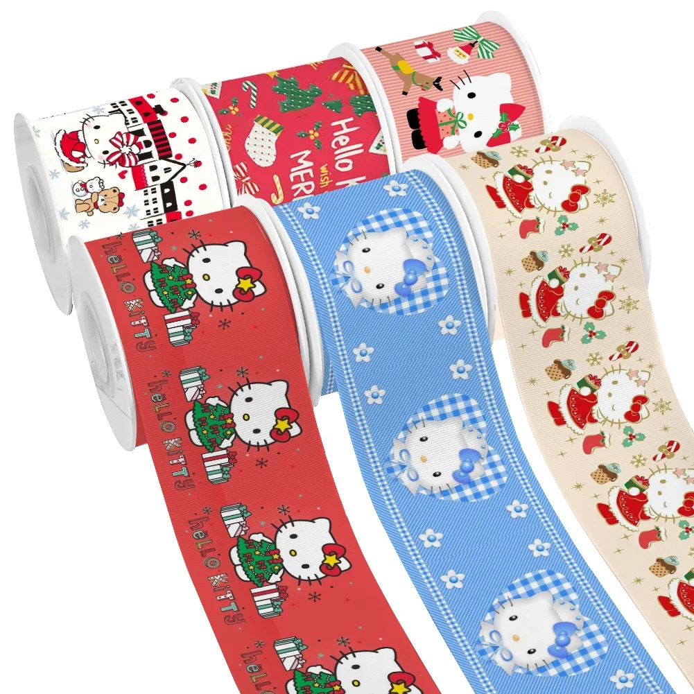 Christmas Theme Sanrio Cartoon Hello Kitty Pattern Printed Grosgrain Satin Ribbon for Gift Wrapping Hair Bow Craft 50 Yards