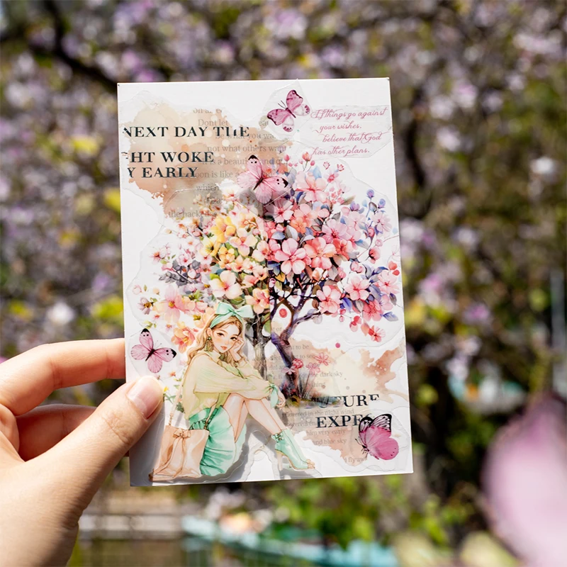 PET Tape Romantic Cherry Blossom Spring Flower Tree Tape Creative Hand Account Background Collage DIY Greeting Card Decoration