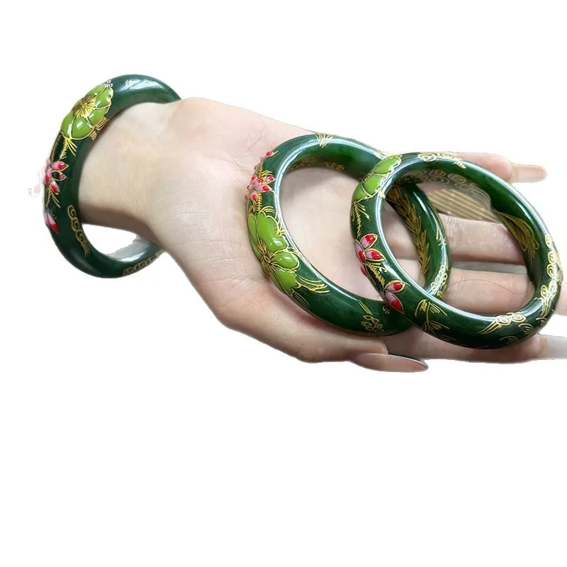 Natural Hetian Jade Bracelet with Gold-Plated Carved , Women's Spinach Green, "Flowers Bloom, Wealth Abounds," Multi-Loop