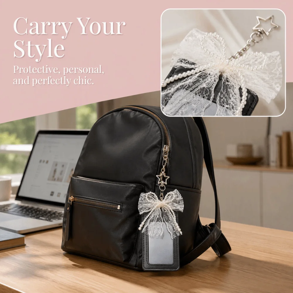 New PU Leather Cute Photocard Holder Lace Star Keychain ID Card Case INS Style Pearl Bow Photo Storage Pouch Girls