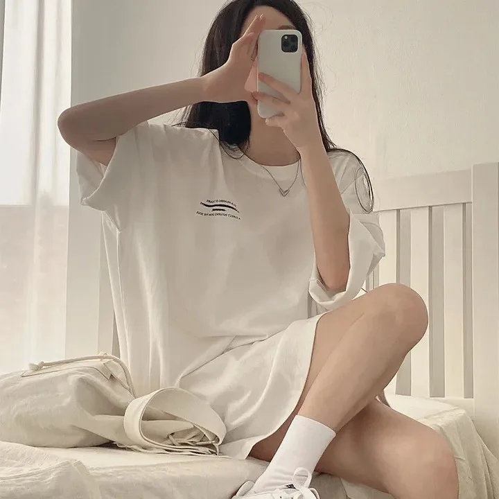 Summer Vintage Oversize Tops Korea 2024 Letter Print Loose T-shirts Women Streetwear Gray O Neck Cotton Casual Short Sleeve Tees