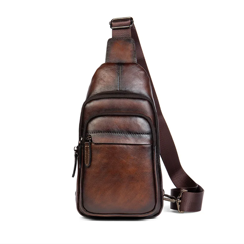 Bolsa de Peito de Couro Vintage Full Cowhide Grain para homens, casual, alta planta, bronzeada, sling de ombro masculino, tiracolo, T202