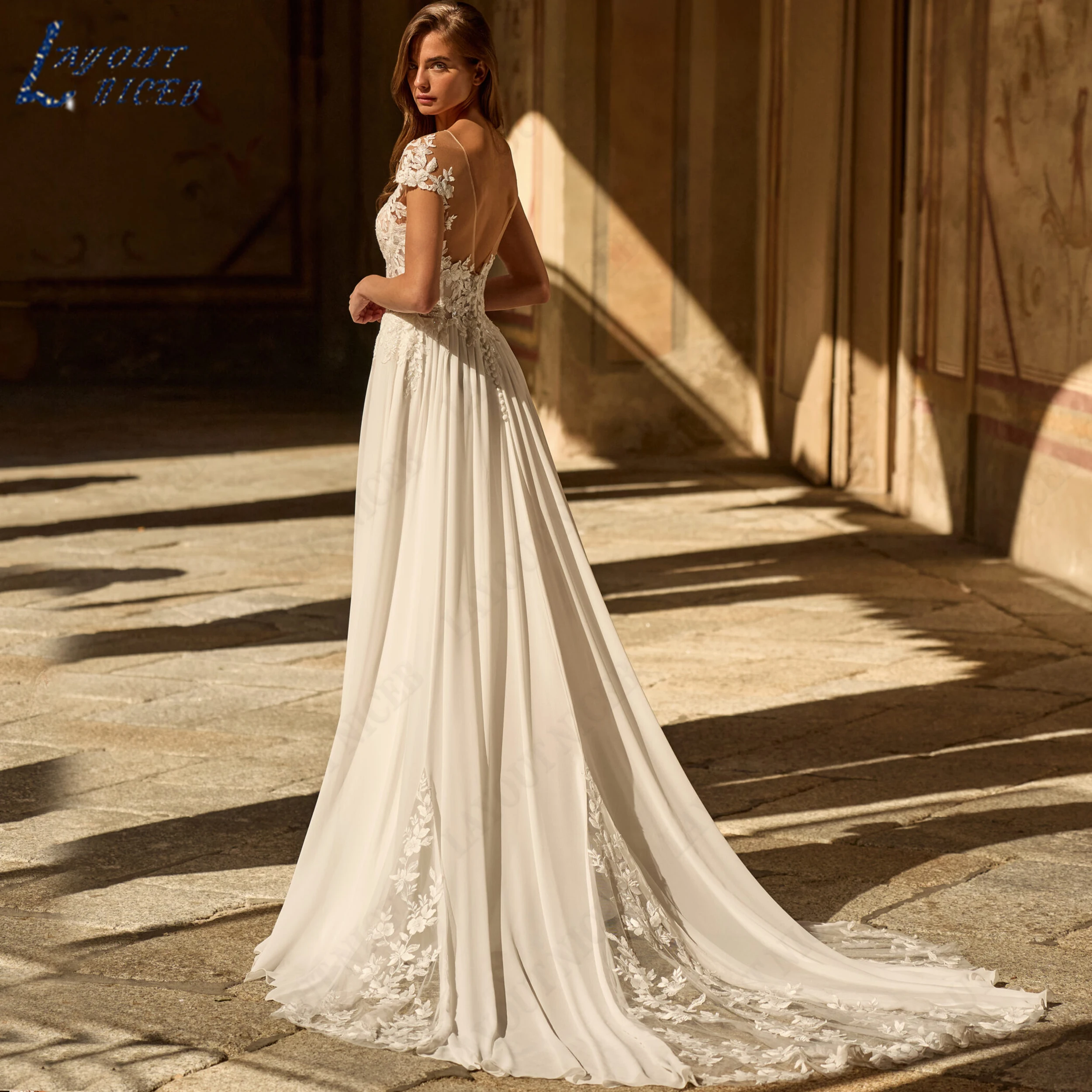 LAYOUT NICEB Customized Chiffon With Split Bridal Gown A-line Cap Sleeve Bride Dresses Lace Applique O-Neck Wedding Dress