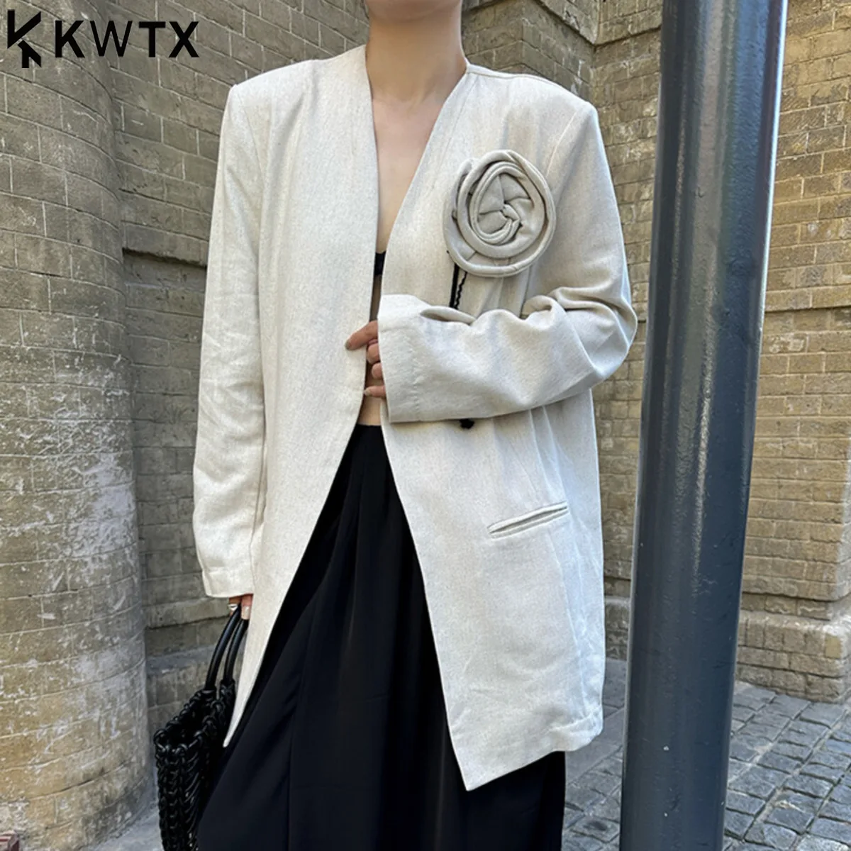 

KWTX Elegant No Collar Linen Blazer Women 3D Floral Applique Office Casual Loose Fit Sustainable Fashion Spring Summer Jacket
