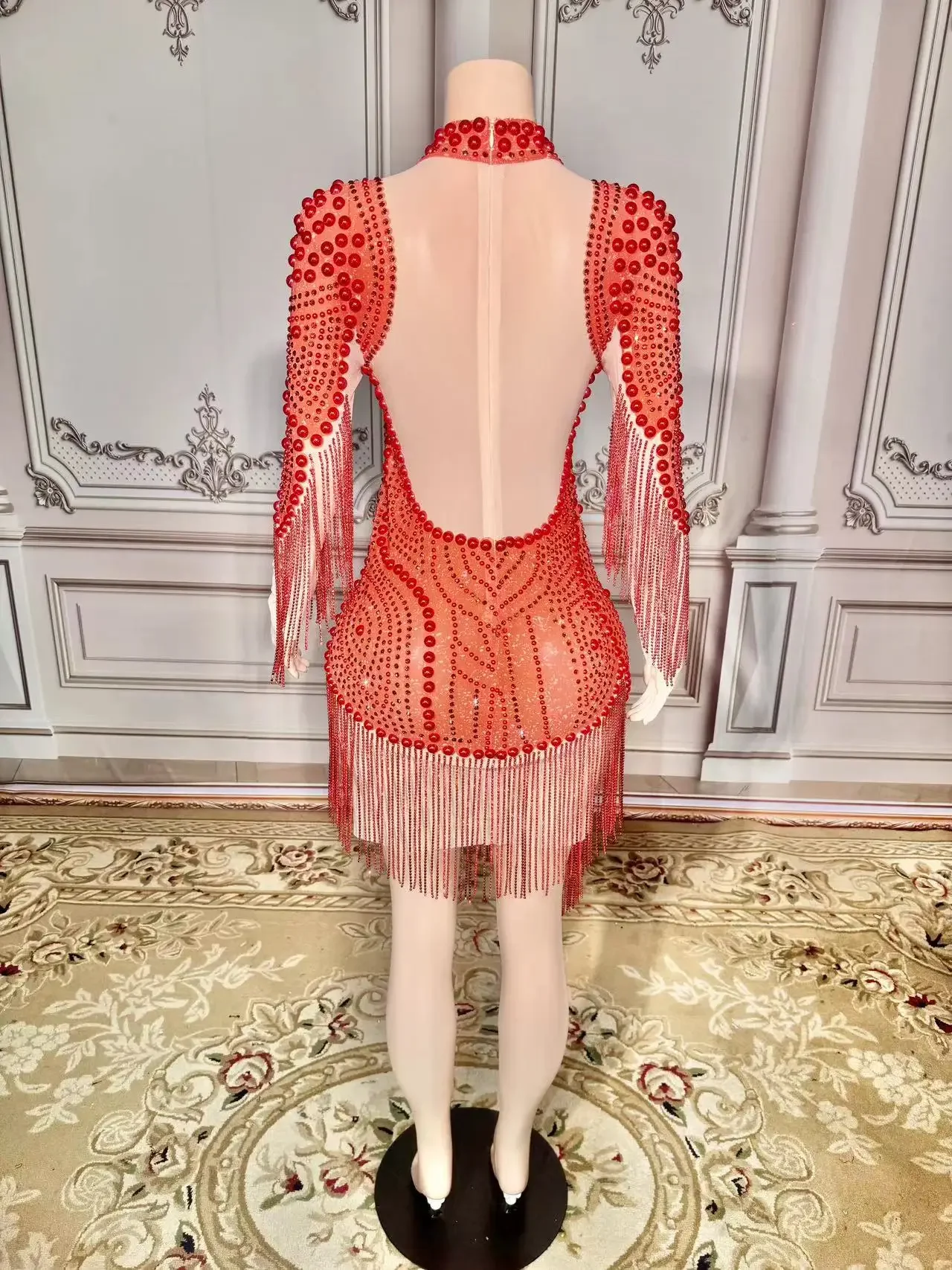 Vestido de aniversário diamantes cristal vermelho peals floral borlas vestido magro ver através das mulheres boate festa dança