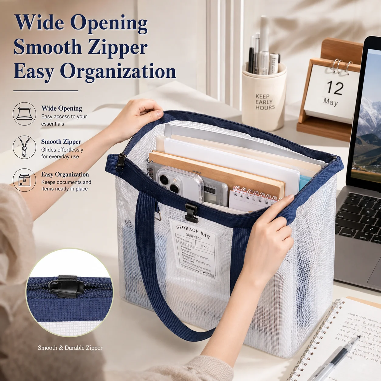 Heavy-Duty Cotton Linen Storage Box with Clear Window, Foldable Waterproof Organizer for Clothes