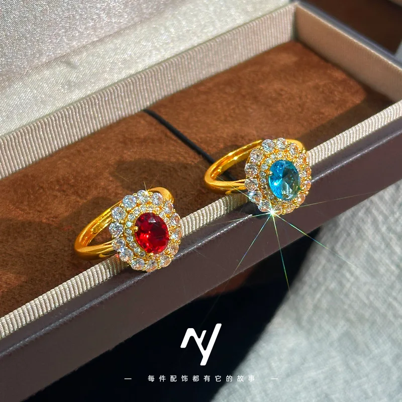 9999 24K real gold color gem set with diamonds pigeon blood ocean blue live mouth diamond ring color diamond ring for women