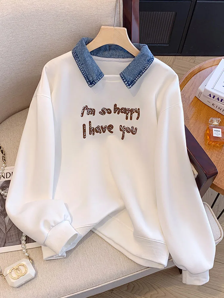 

Korean Style New Letter Print Design Sweatshirt Women Turn-down Collar Loose Pullovers Autumn 2024 Casual Simple Top BF Style