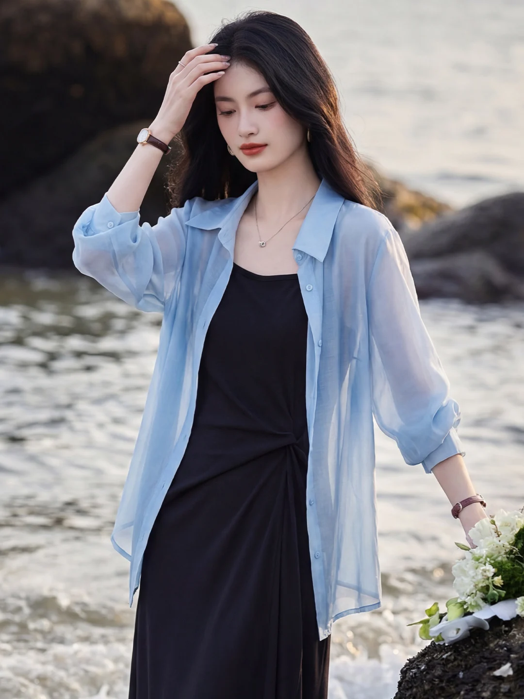 

Xinfeiyu Blue Casual Long Sleeve Silk Shirt Women's 2026 Summer New Style Rayon Top Skin-friendly Breathable Regular Fit