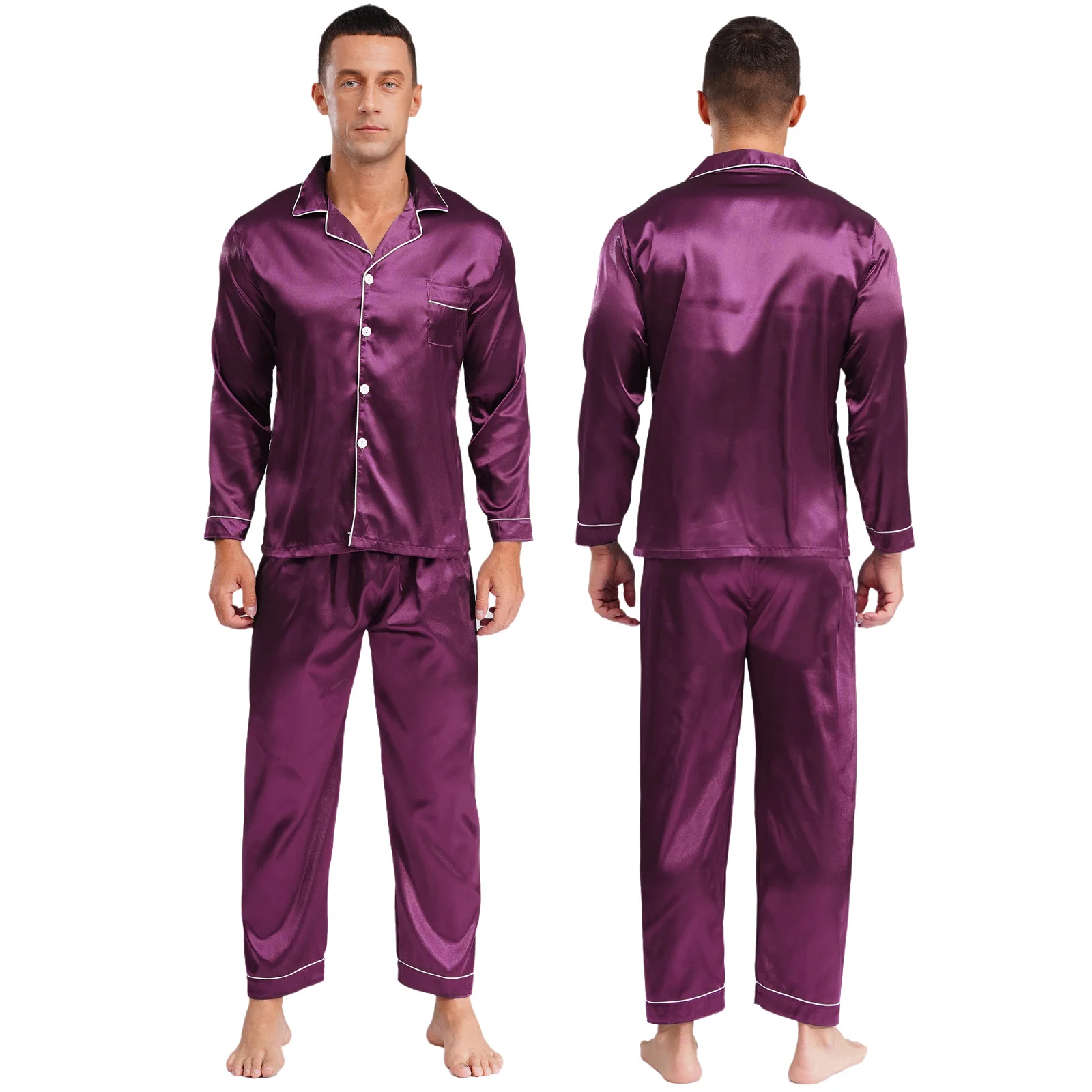 

Men Satin Two Pieces Sleepwear Pajamas Nightwear V Neck Turn-over Collar Long Sleeves Tops and Pants Set Casual Home Wear