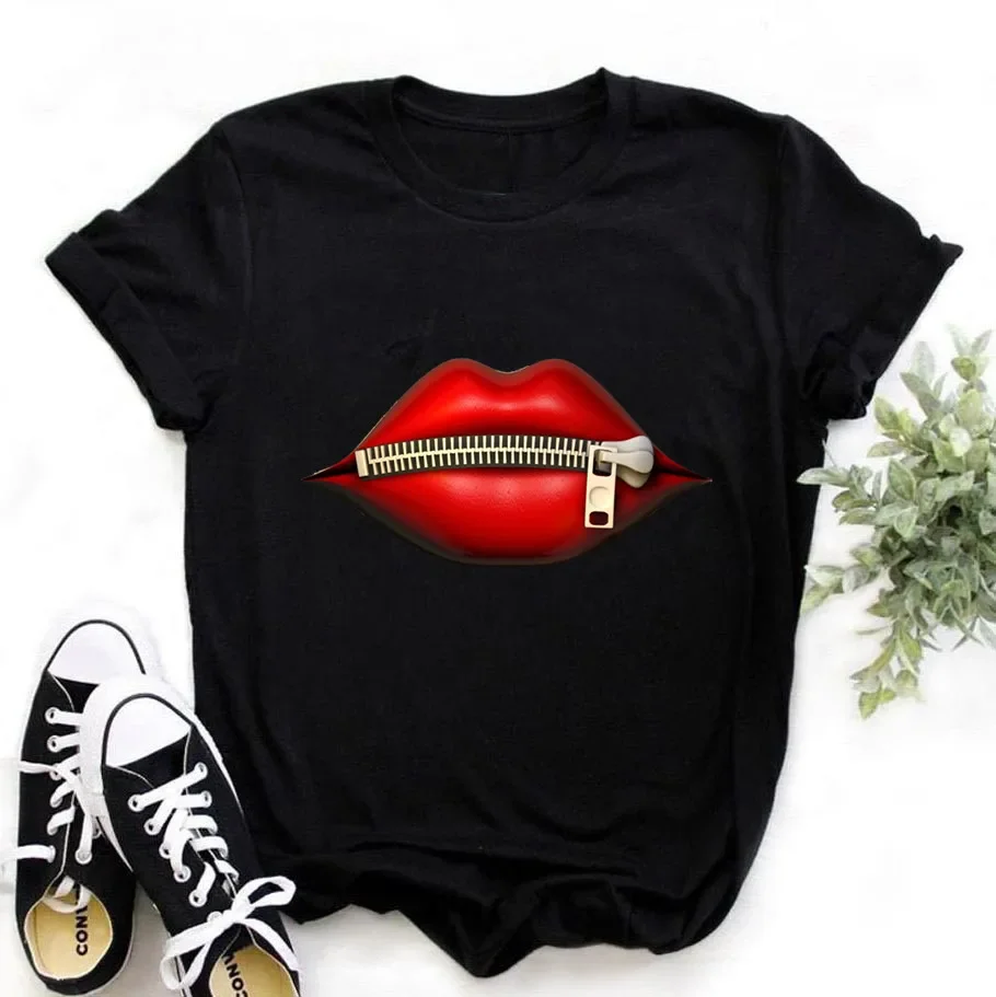 Women's Harajuku Graphic Tee Summer Casual Aesthetic Lips Mouse Print Short Sleeve Top Girl's Fashion Streetwear