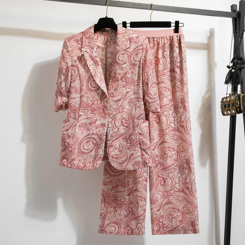 

Faionable plus Size Women's Summer 2025 Print Blouse And Wide Leg Pants Set Draped Casual Suiting Knot Commute Sle