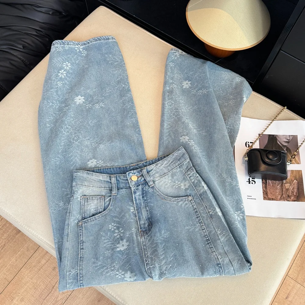 

Retro Embroidered Rhinestone Wide Leg Jeans Women's Summer American High Waist Slimming Design Straight Cut Casual Pants