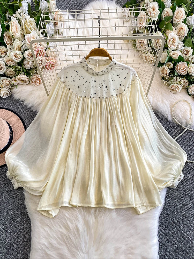 

Женская блузка, осень-весна, рубашка с воротником-стойкой и бриллиантами, свободный струящийся шифоновый топ, пуловер высокого класса BL270