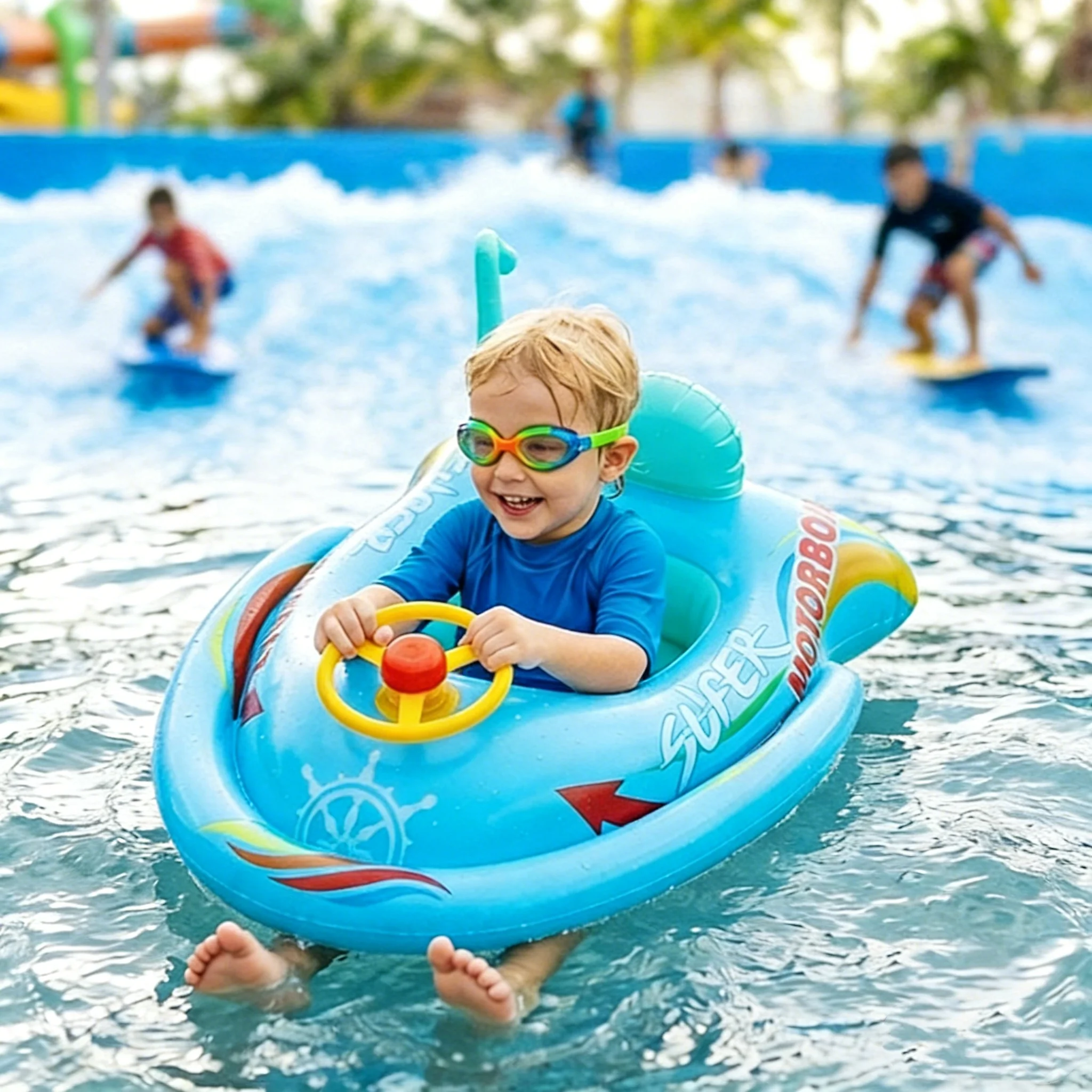 

Children's Inflatable Spaceship Boat Swimming Ring with Steering Wheel, Rocket Inflatable Floating Drainage Seat Ring