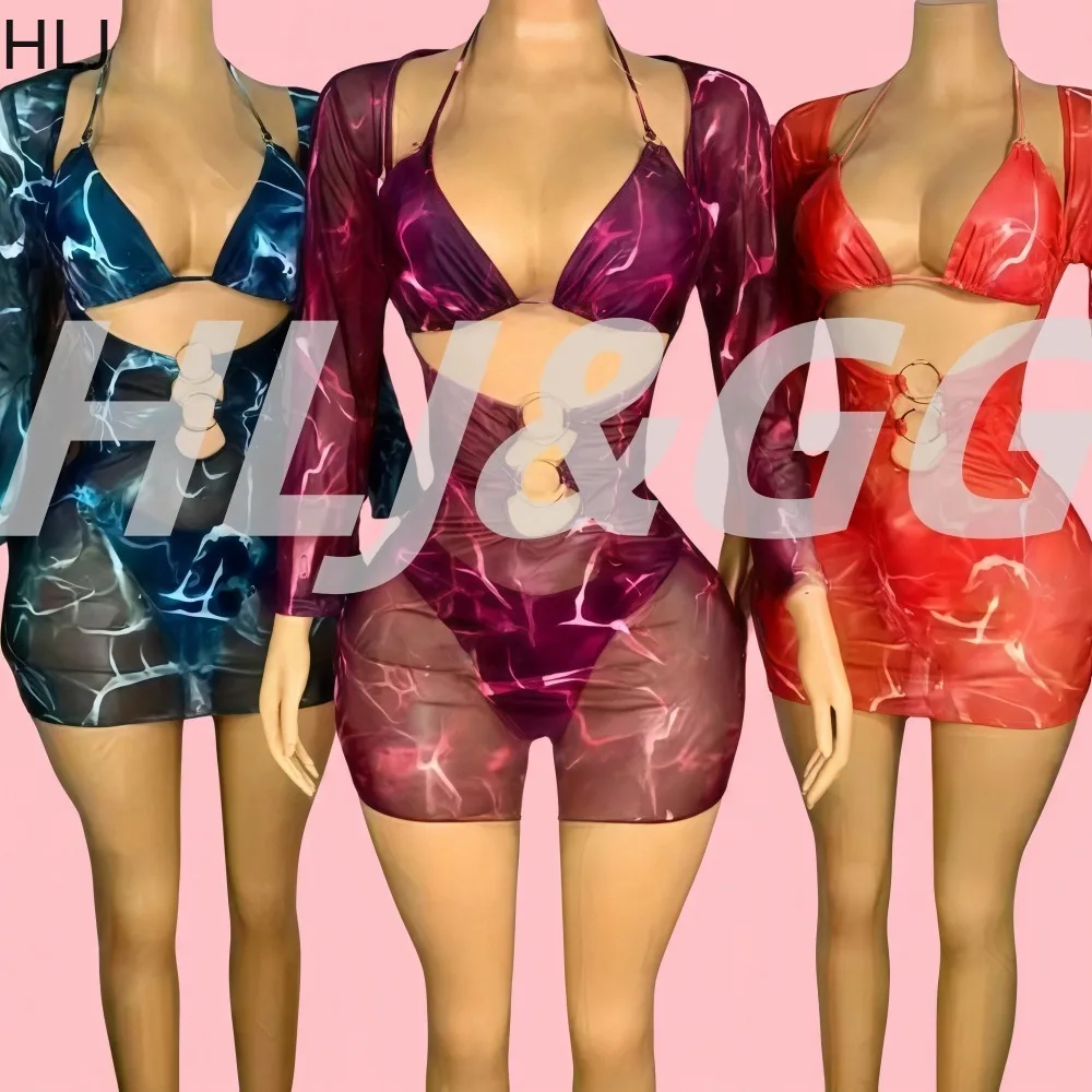 

HLJ Sexy Women 3 Piece Bikini Set Swimsuit and Bikini Bra and Throng Snakeskin Swimwear Beachwear Female Holidays Summer New