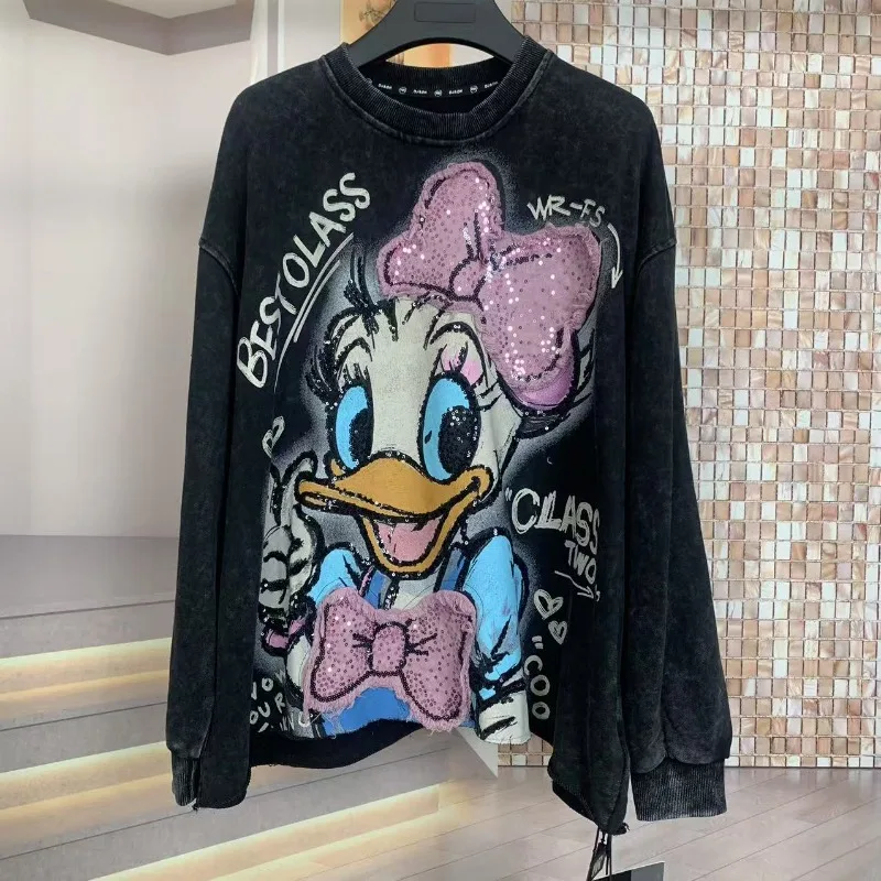 Heavy Industry Loose Fashion Washing Cartoon Small Crew Neck Popular Sweatshirts 2025 Autumn And Winter New Hoodies Top Pullover