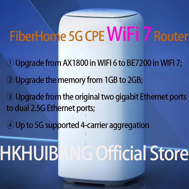 

FiberHome 5G CPE Pro LG6851F WiFi 7 роутер BE7200 с двумя портами Ethernet 2.5G, NFC, 4G LTE Cat19, беспроводной WiFi 5G, SIM-модем, 4x4 MIMO