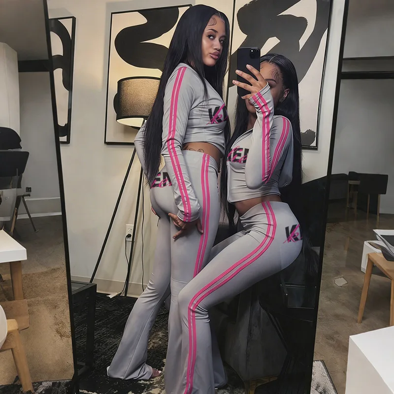 

Women Tracksuits Side Stripe Letter Print Slim 2 Piece Set Long Sleeve Zip-up Hooded Sweatshirts Tops + Flare Pants Casual Suits