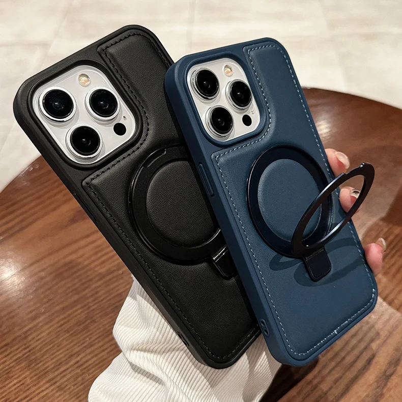 PU Leather Magnetic Case for Apple iPhone 17 Air 16 15 14 13 12 Pro Max With Foldable Ring Kickstand Stand for Magsafe Charger view 2