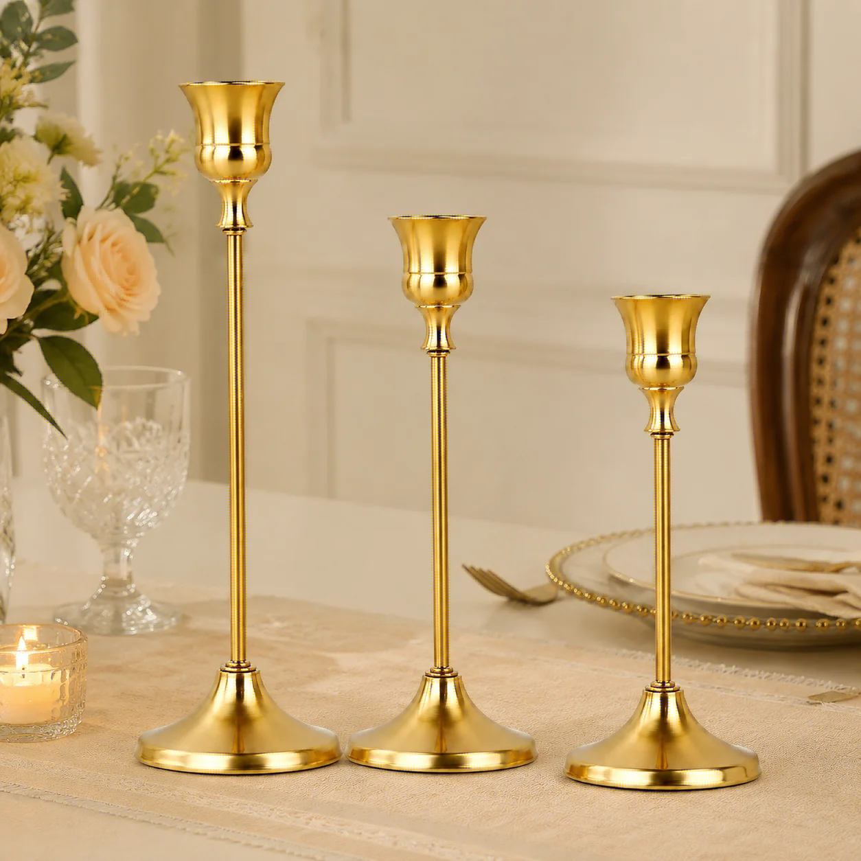 Vintage Elegant Set of 3 Metal And Aluminum Tabletop Candle Holders for Wedding Anniversary Home Hotel Decor view 2