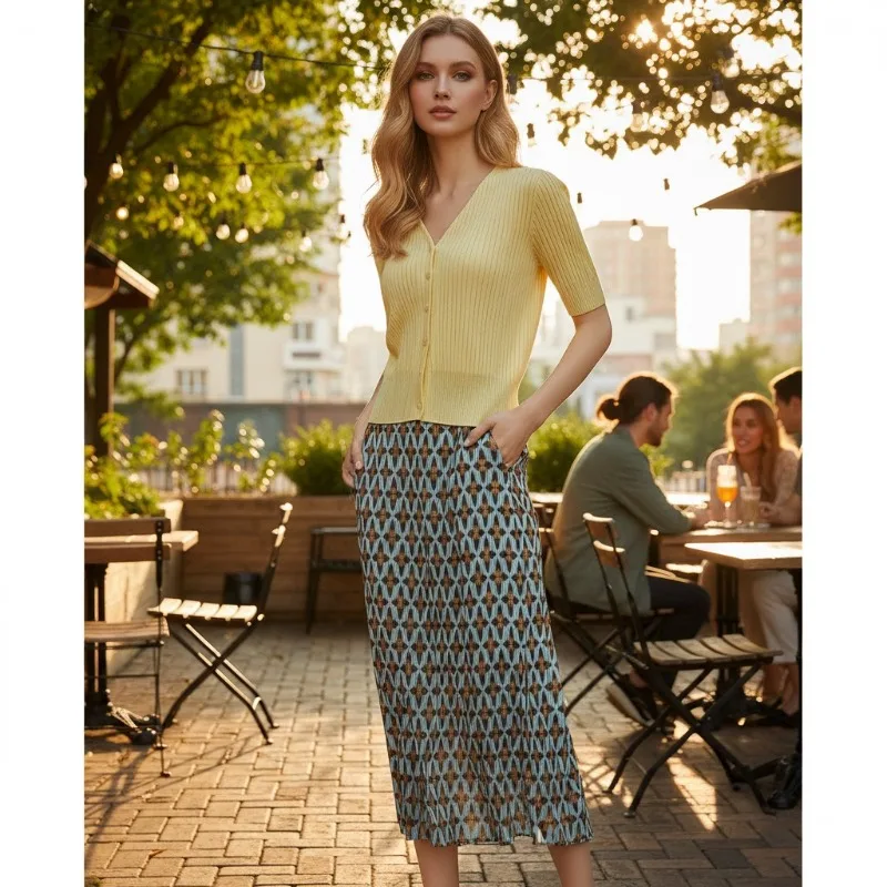 

Комплект плиссированной юбки Miyake: Куртка весна 2026 + юбка с ретро-геометрическим принтом, женская новая приталенная юбка средней длины с разрезом в стиле Senior Wind