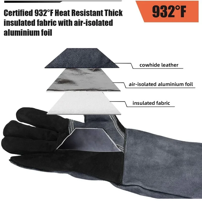 932 Leather Welding Gloves Grill BBQ Glove for Tig Welder/Grilling/Barbecue/Oven/Fireplace/Wood Stove Long Sleeve Insulated