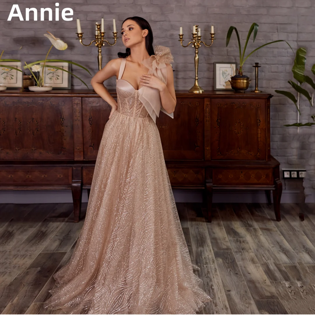 

Annie Light Pink Prom Dresses Glitter Tulle Bow A-shaped Evening Dresses Formal Graduation Party Dress 2024 Vestidos De Noche