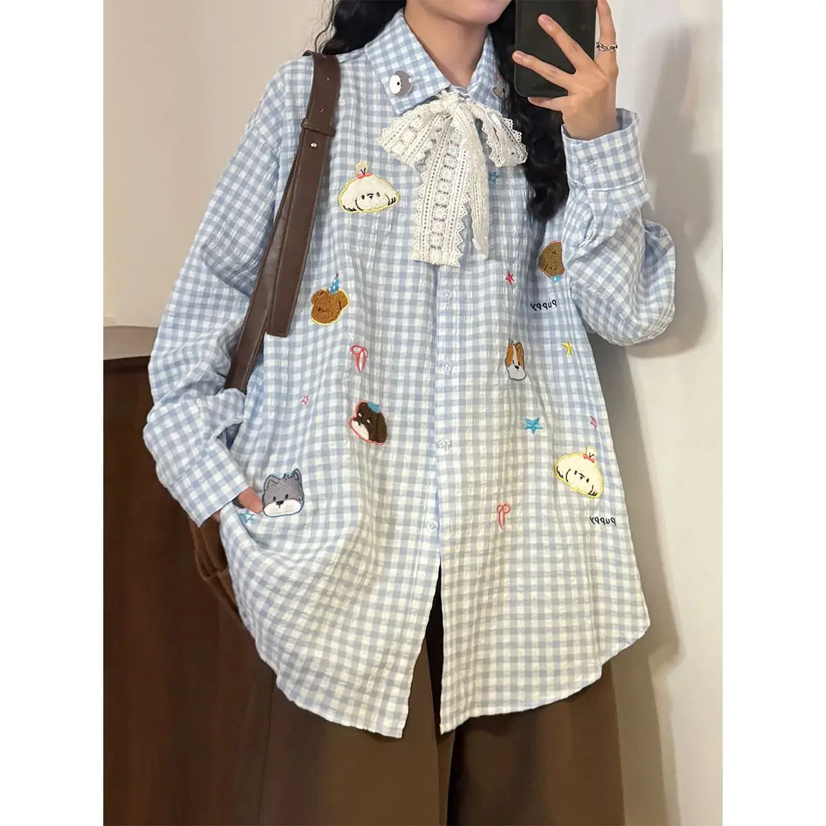 

Japan Embroidered Pattern Textured Plaid Shirt Loose Slimming Tie Shirt Sun Protection Jacket Cute Female Student