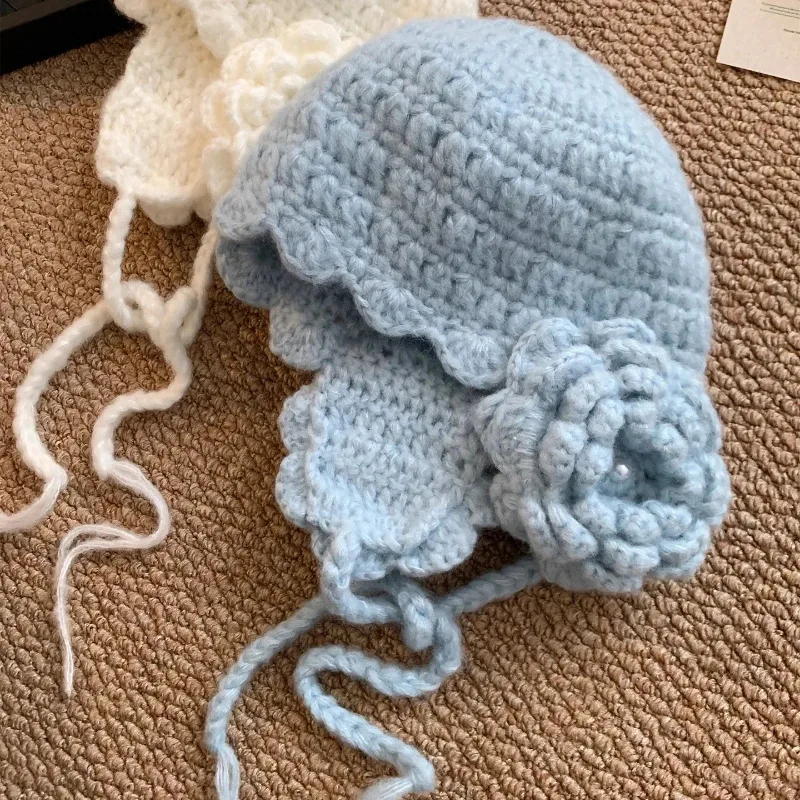 

New Fashion Korean Version Sweet Flower Earflaps Women's Hats Autumn and Winter Travel Warm Versatile Cute Strap Beanies Y2K