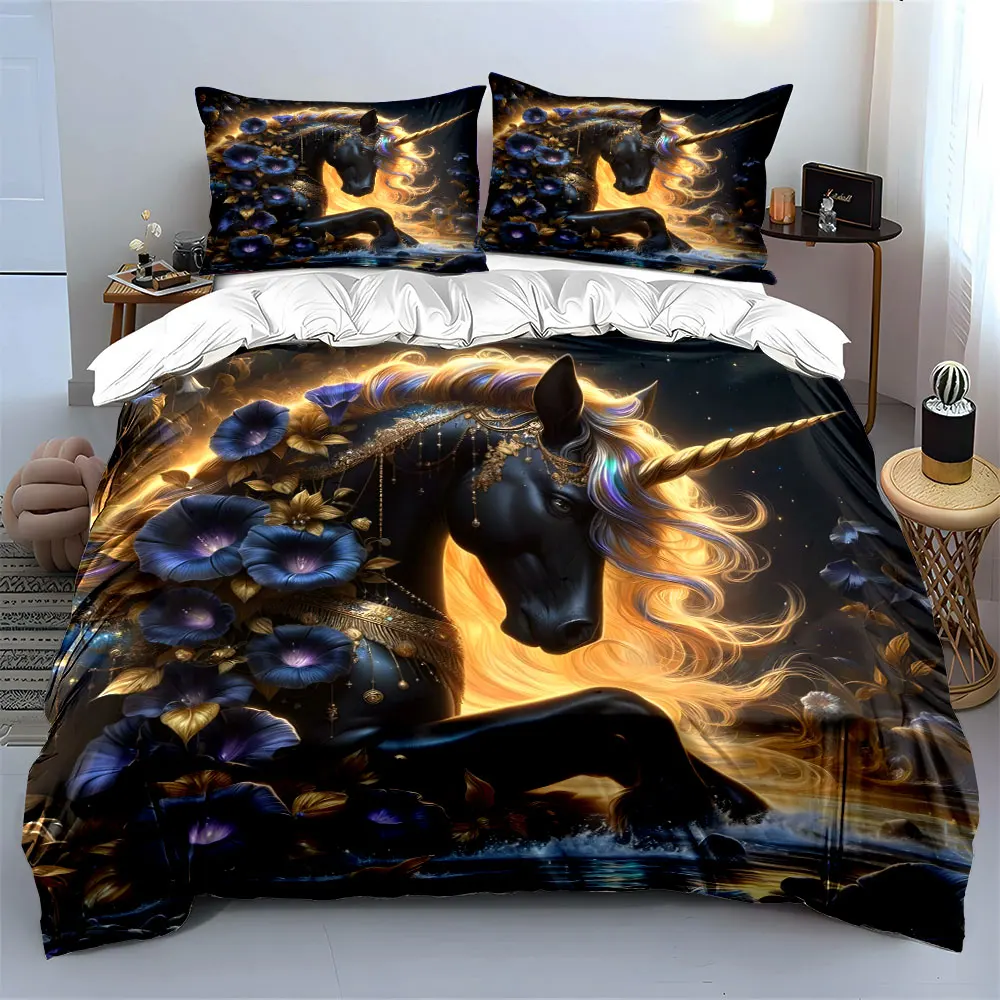 Fantasy Unicorn Pattern Bedding Print Bedding Set 1 Duvet Cover 2 Pillowcases for Adult and Children Luxury Gift Full Size