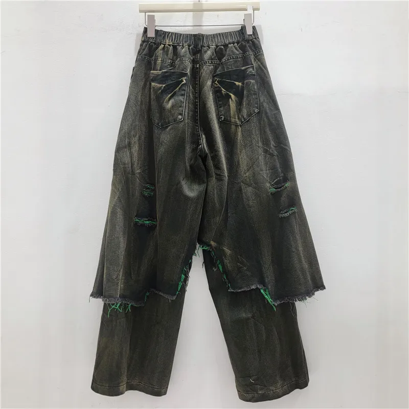 ANJY Spring Autumn New Women American Style High Street Fake Two-piece Distressed Denim Pants Hip Hop Ripped Design Jeans A25213