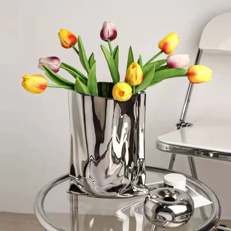 Silberne Gerüschte Blumenvase Keramikvase Porzellan Blumenarrangement Dekoration Taschenform Terrarium Heimdekoration Vasen Töpfe – Detail 10