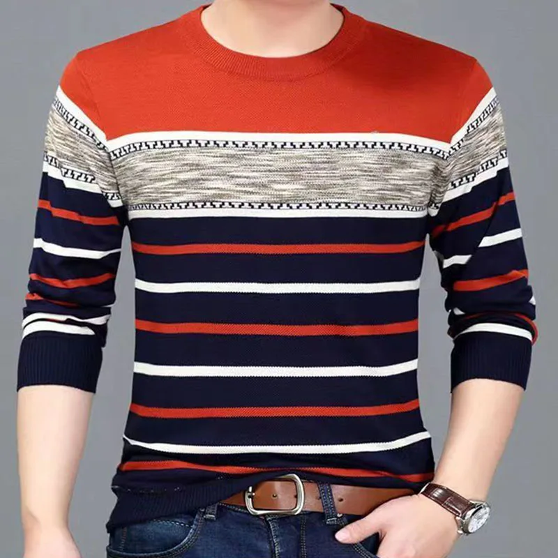 Autumn Male Clothes Classic All-match Round Neck Knitted Patchwork Pullovers New 2023 Men T Shirt Slim Long Sleeve Striped Top