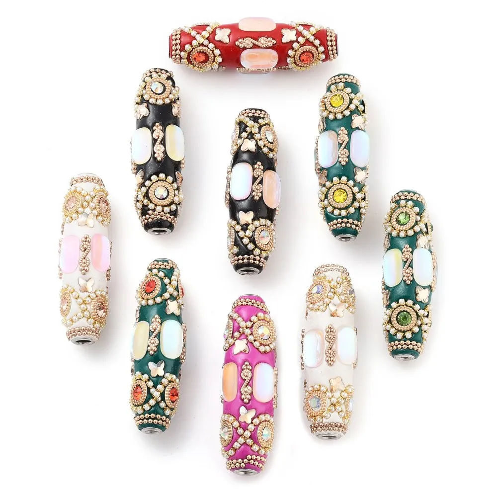 10Pcs Oval Handmade Indonesia Beads with Rhinestones and Alloy Cores Metal Color for DIY Jewelry Necklace Bracelet Making