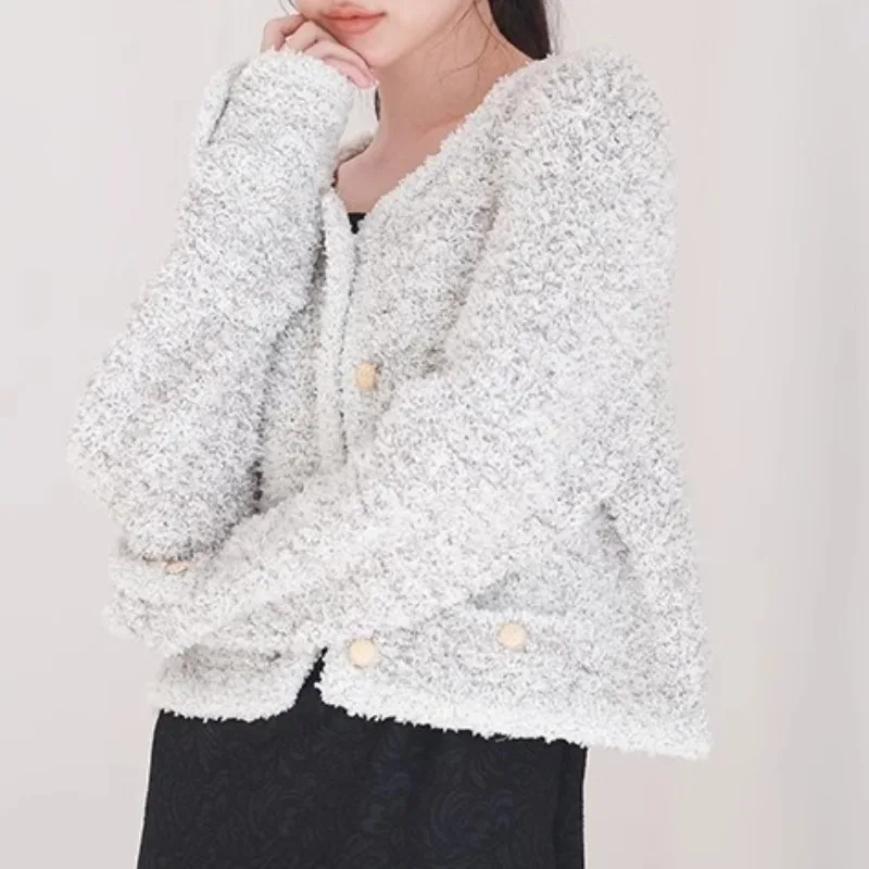 

Japan Style Tweed Knitted Woman Jackets Small Fragrance Chaqueta Mujer O Neck Single Breasted Ropa Mujer Long Sleeve Coats