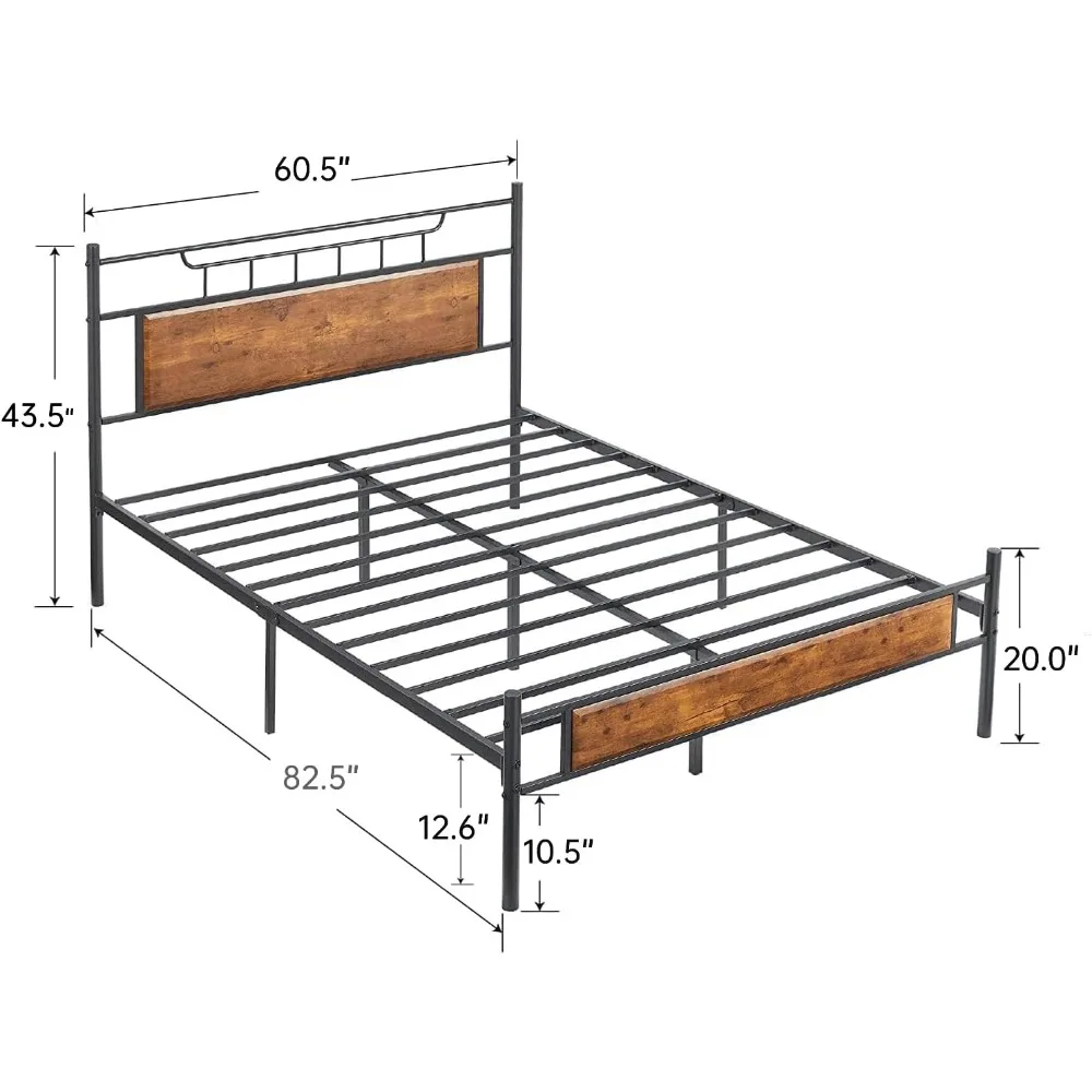 Queen Platform Bed Frame with Wood Headboard/Mattress Foundation/No Box Spring Needed,Brown(Crown)