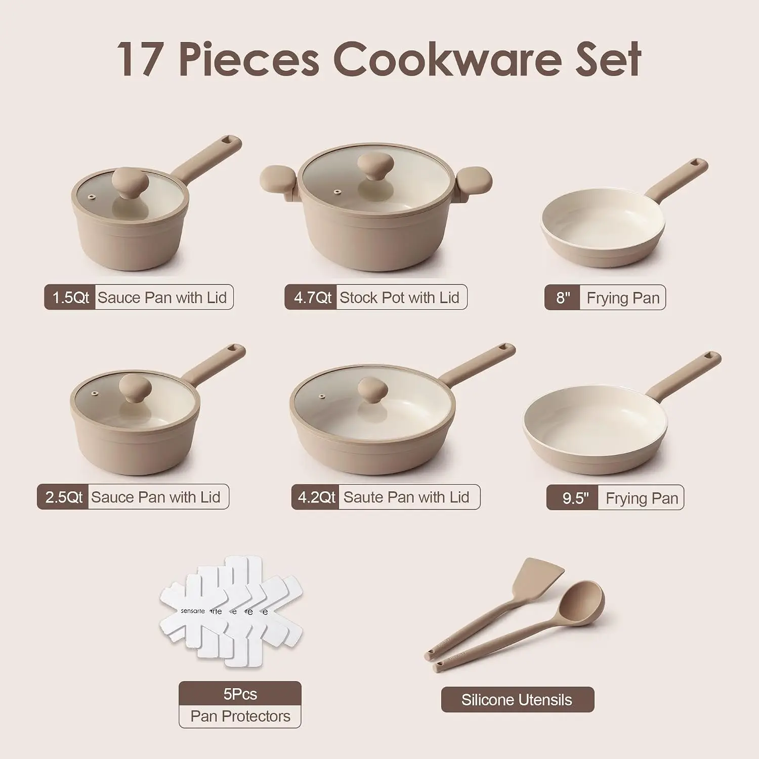 Ceramic Nonstick Pots Pans Set Nonstick Cookware 17Pcs Healthy Nontoxic Coating Induction Compatible Dishwasher Safe PFAS PTFE P
