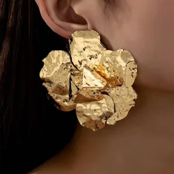 HUANZHI Gold Plated Vintage Irregular Geometric Exaggerated Large Flower Stud Earrings for Women Girls Jewelry Gifts 2024 Trend